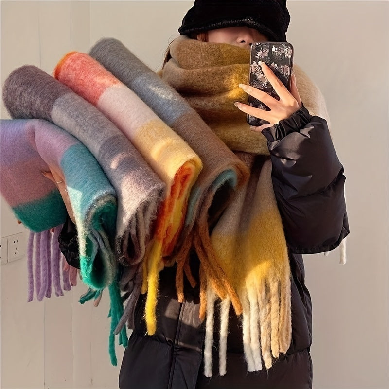 Autumn Winter Rainbow Color Boho Plaid Tassel Chunky Scarf - Soft Imitation Mohair, Eye-Catching Tassel Details, Thick and Plush Design, Long Stylish Neckerchief - Vibrant Shawl for Cold Weather
