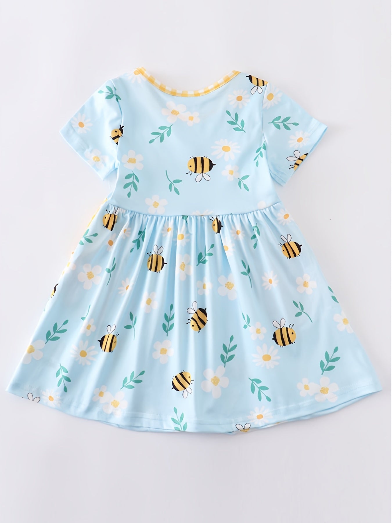 Adorable Girls Bee-Graced Floral Print Dress - Casual Round Neck with Handy Pockets for Everyday Stylish Comfort