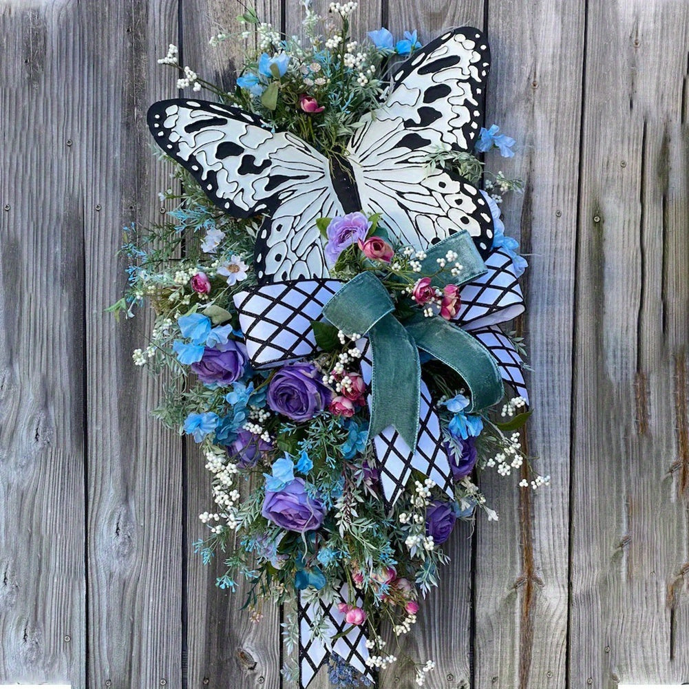 Artificial Spring Wreath Flowers Swag with Fake Butterflies Front Door Wreath