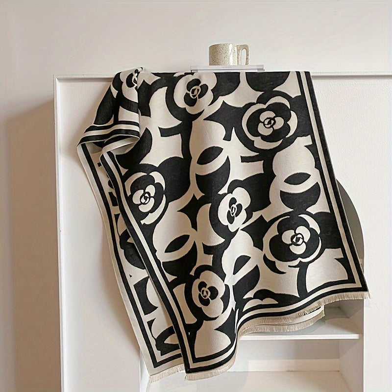 Winter Soft Warm Versatile Fringe Shawl Blanket Scarf - Fashion Scarves with Black and White Camellia Jacquard Pattern, Super Cozy, Lightweight, and Chic - Perfect for Cold Weather, Outdoor Activities, and Daily Wear