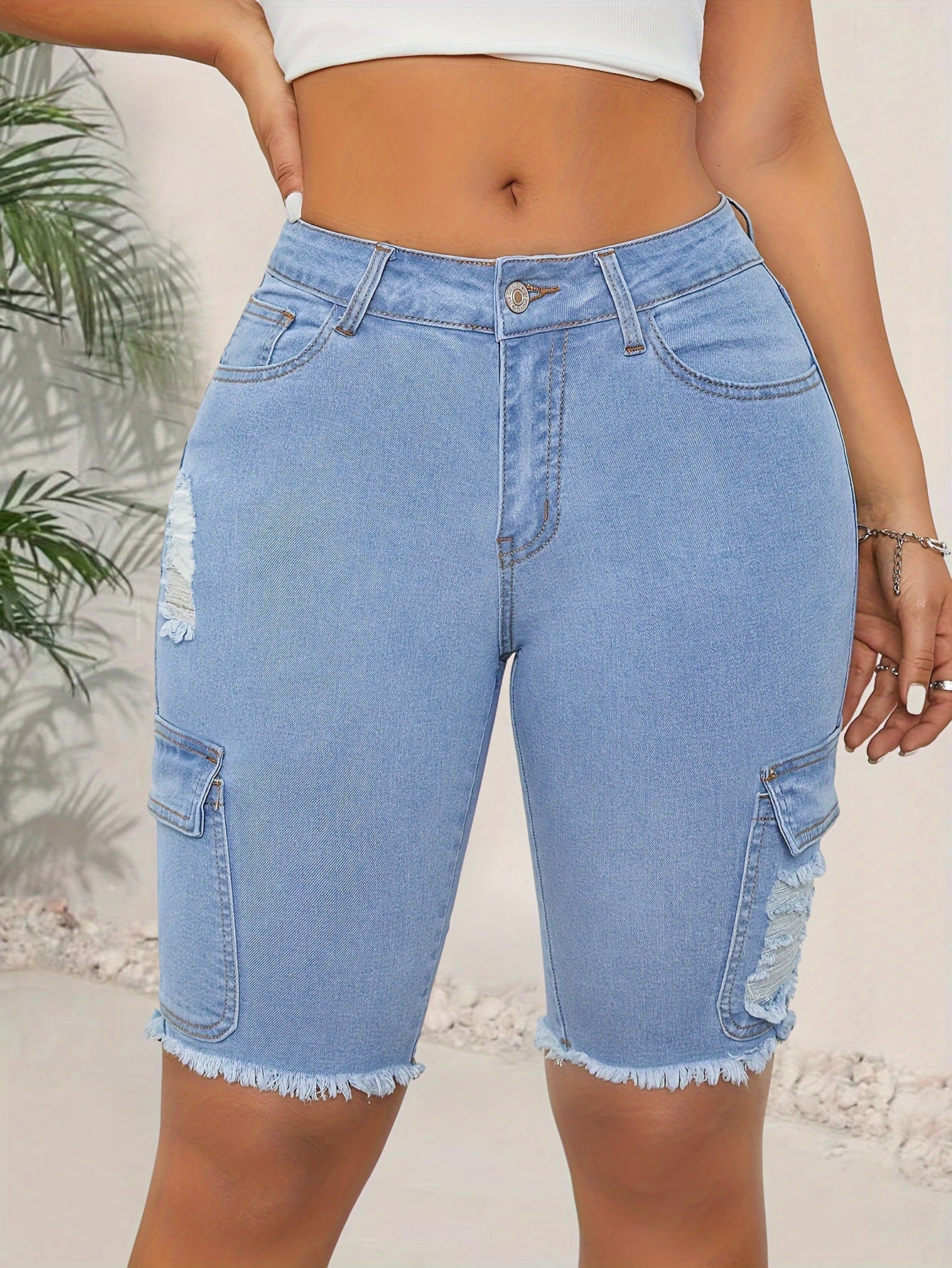 ZllKl Women's High-Waist Elastic Denim Bermuda Shorts, Blue Fashion Utility Pocket, Street Style, Frayed Hem
