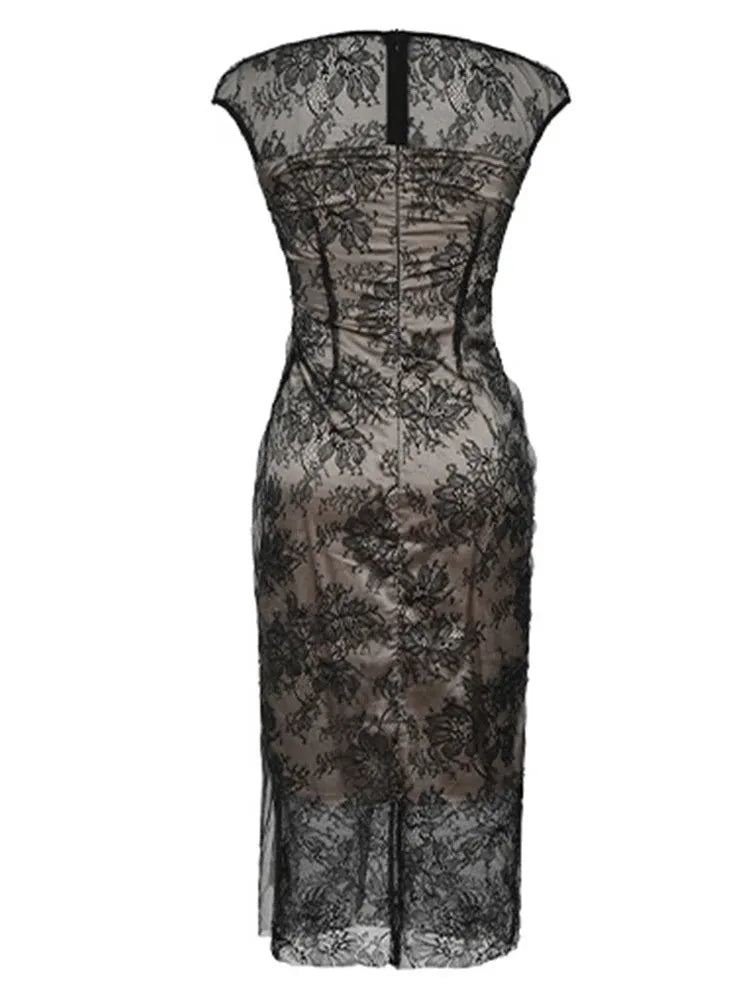 Basic Casual Dresses Women Fashion French Retro Maxi Dress Woman Sheer Mesh Lace Embroidery Skinny Robe Party Vestidos Prom Banquet Gown Femme
