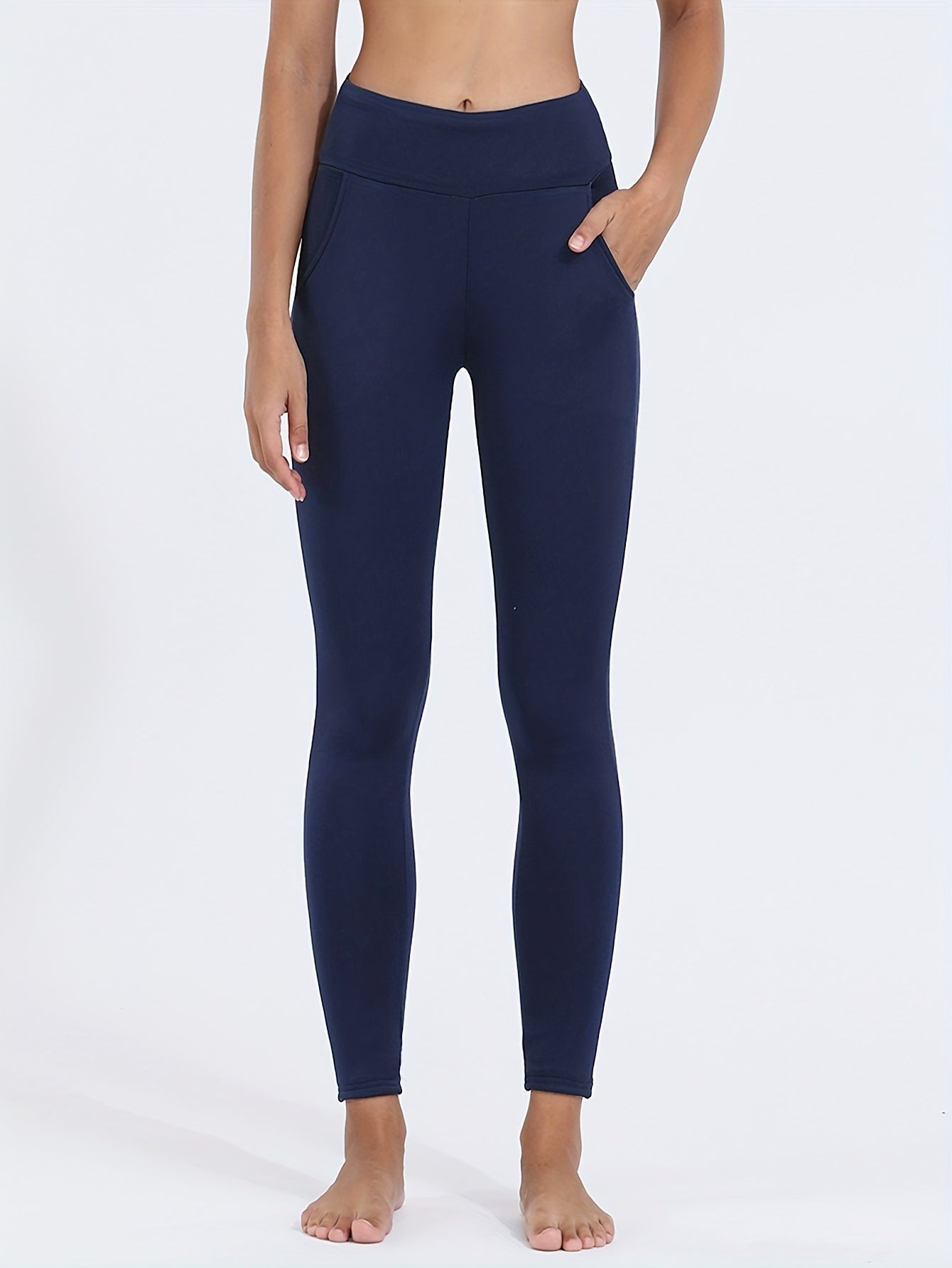 Solid Fleece Skinny Leggings, Casual High Waist Thermal Leggings For Fall & Winter, Women's Clothing
