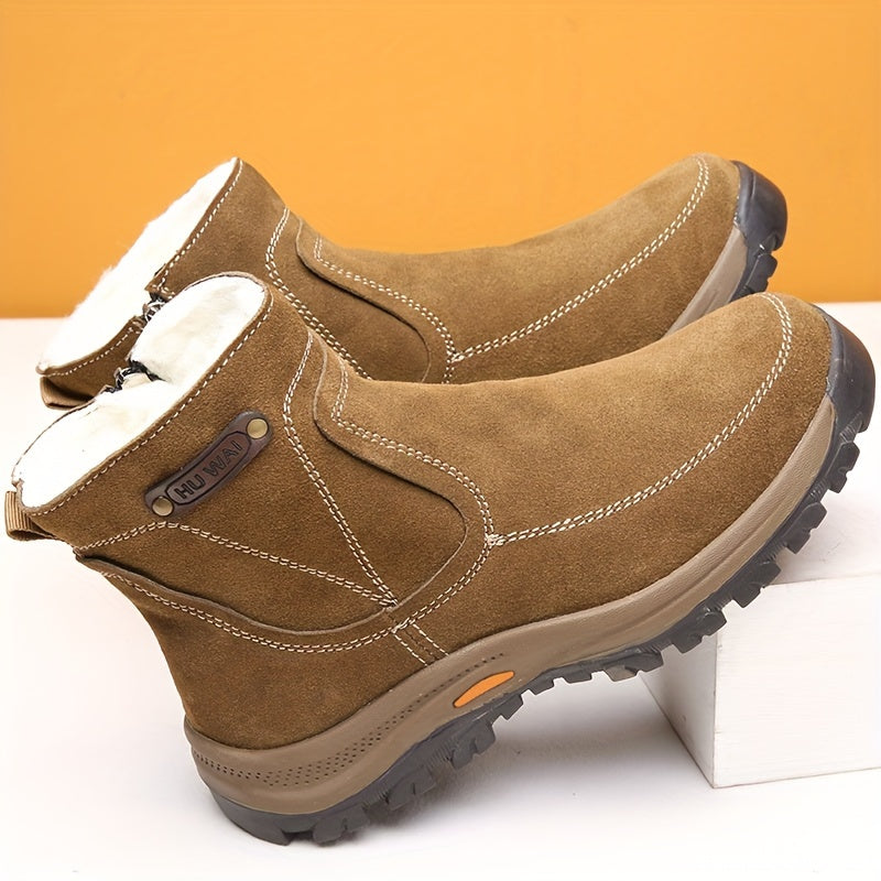 Men's Casual Snow Boots, Anti-skid Windproof Side-zippered Ankle Boots With Fuzzy Lining For Outdoor, Autumn And Winter