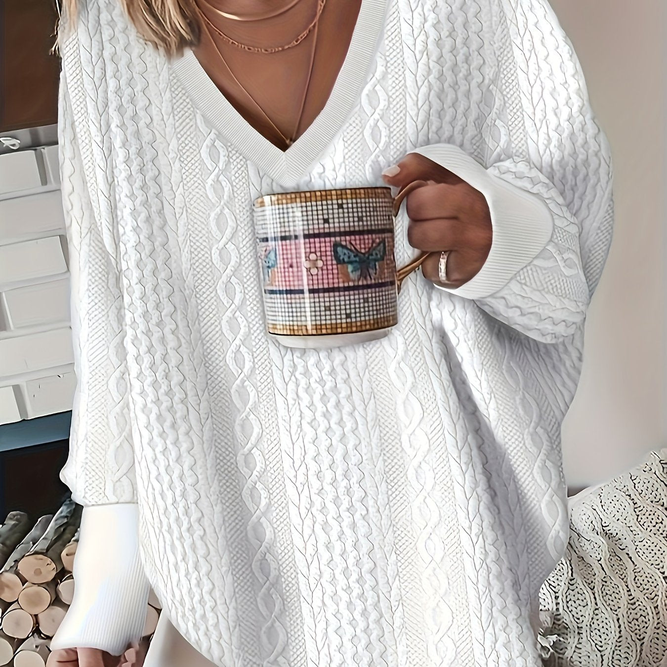 ZllKl Plus Size Casual Sweatshirt, Women's Plus Solid Cable Textured Long Sleeve V Neck Slight Stretch Pullover Top