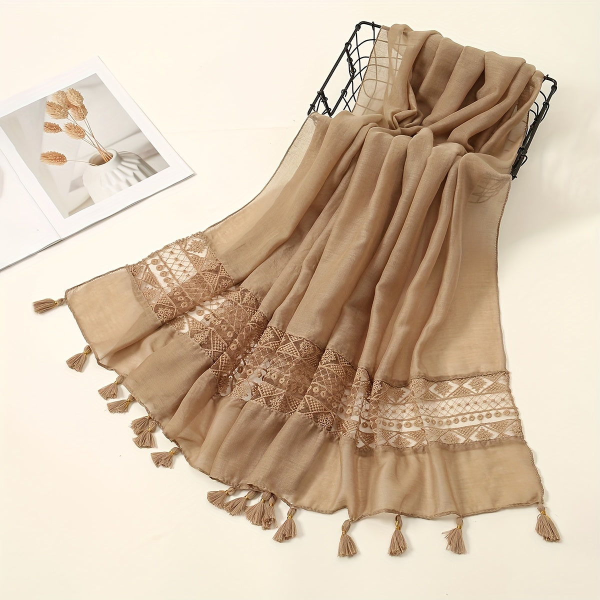 Delicate Embroidered Lace Tassel Scarf - Fashionable & Elegant for Casual Wear - Versatile Cold Weather Accessory, Perfect for Eid Celebrations