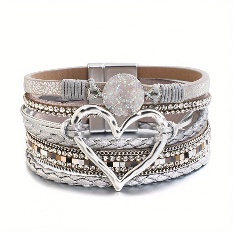 Trendy Bohemian Multilayer Bangle Bracelet - Handcrafted PU Leather with Golden Big Love Charm - Adjustable, Durable & Stylish - Perfect Boho Chic Accessory for Ladies