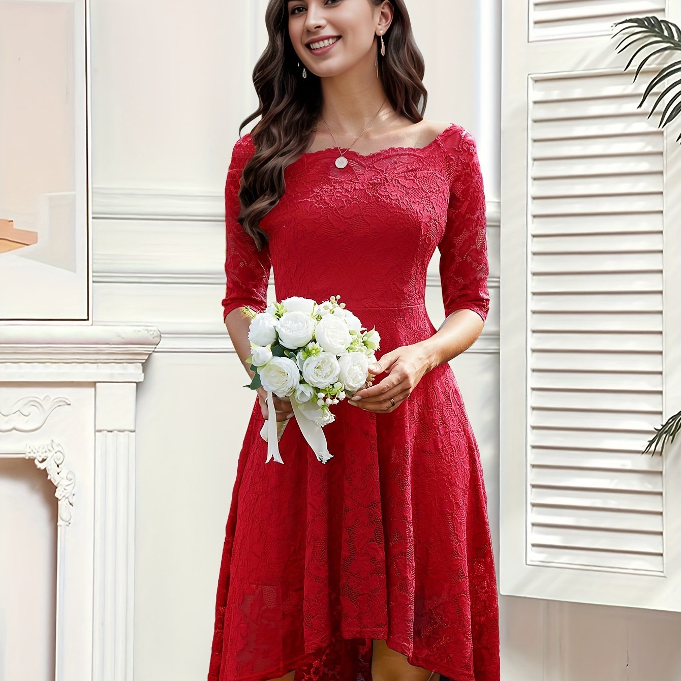 Elegant Off the Shoulder Lace Stitching Pendulum Dress - Micro Elastic Polyester, Half Sleeve, High-Low Hem, Solid Color, Hand Washable - Perfect for Wedding, Party, Banquet, and Engagement Occasions