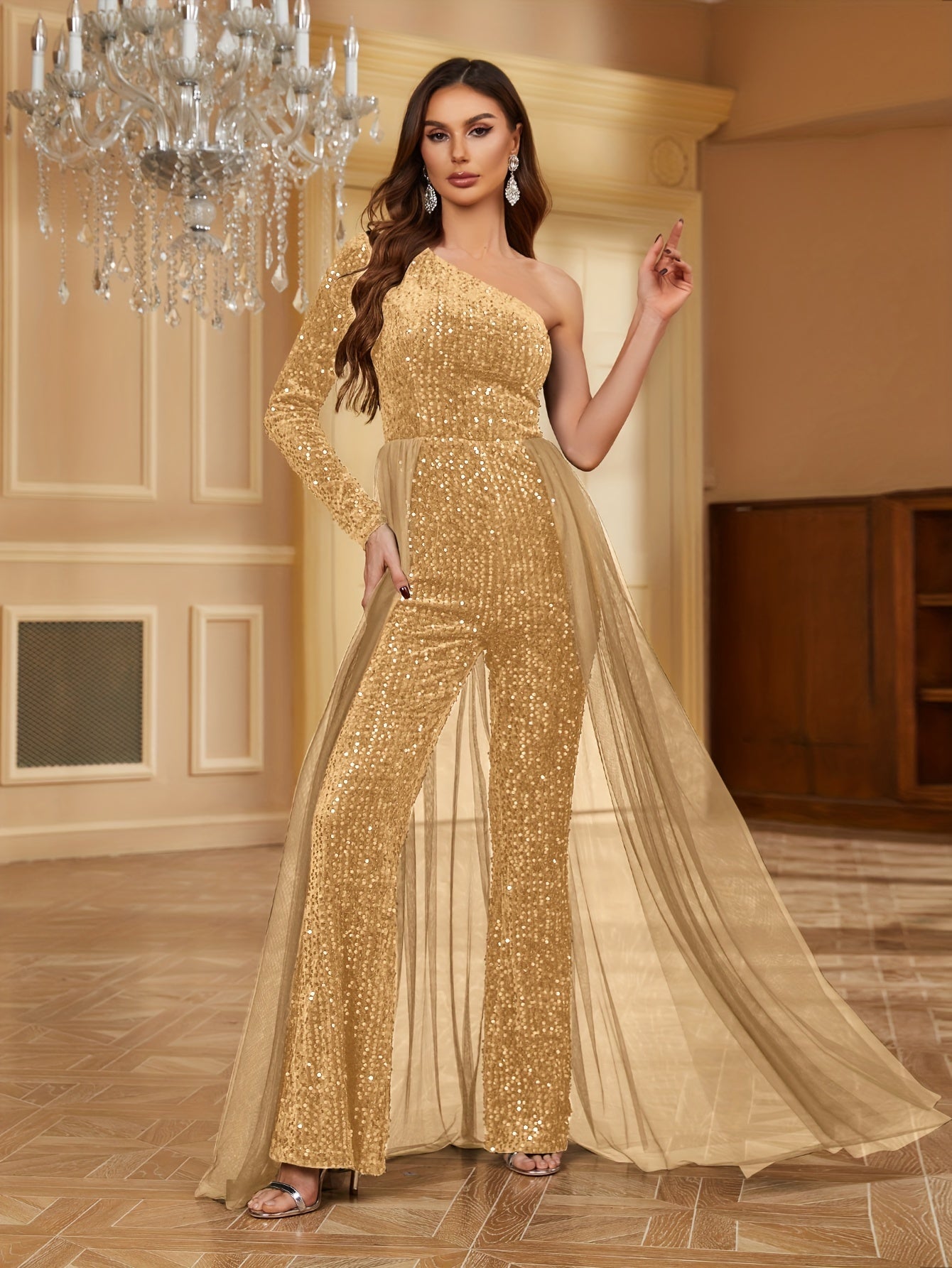 Stunning One Shoulder Sequined Jumpsuit - Elegant Long Sleeve Backless High Waist Women's Clothing - Contrast Mesh Fabric, Chic Party Wear, Bodycon Fit, and Flattering Design