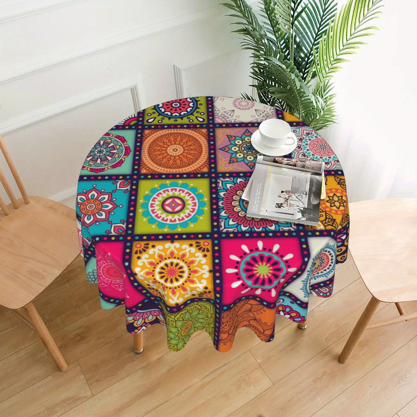 1pc Vibrant Mandala Rectangle Polyester Tablecloth - Kitchen & Dining Table Linens - Bohemian Inspired, Circular, Colorful, Festival Party Decoration, Home Decor, Waterproof, Easy Clean, Durable, Perfect for Indoor Outdoor Events