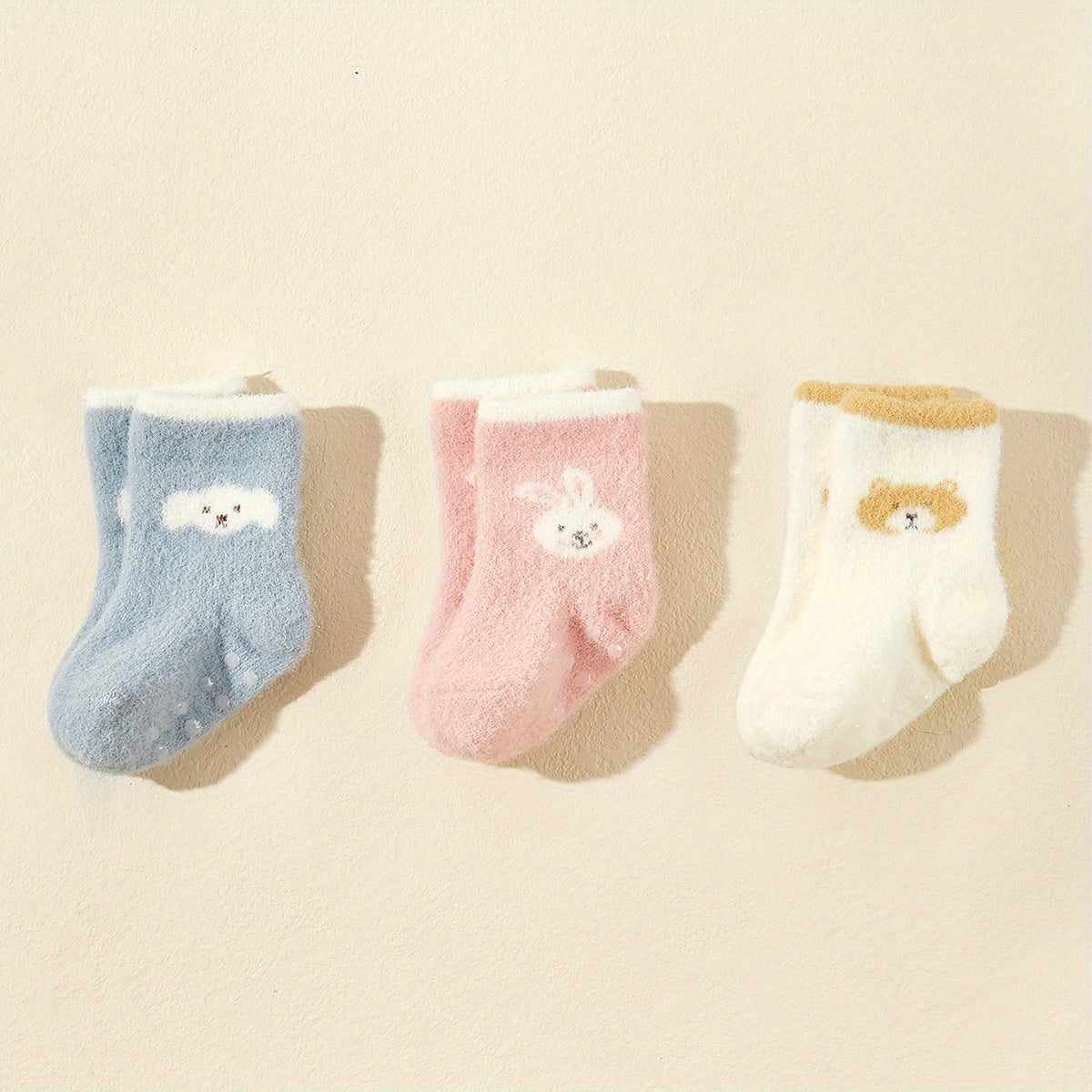 3pairs Baby Girls Cute Cartoon Rabbit Bear Dog Plush Non-slip Floor Socks Soft Comfortable Thermal Breathable Socks For Autumn And Winter