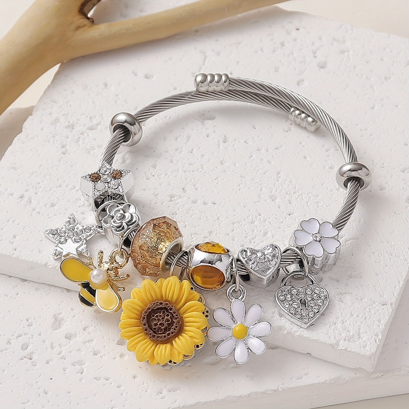 Elegant Sunflower & Bee Charm Bracelet With Rhinestones - Stainless Steel, Perfect For Parties, Proms, And Casual Attire