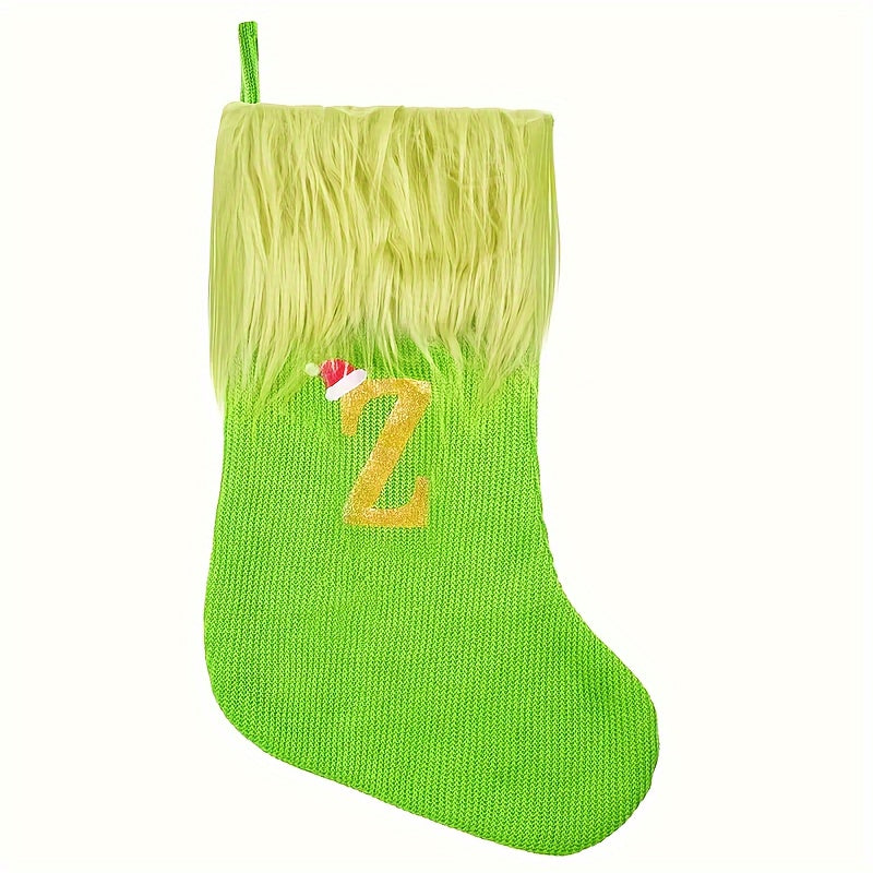 Green Faux Fur Christmas Stockings with Embroidered Letters, 18-inch Festive Holiday Decor, for Home & Party, Polyester, Christmas Decor