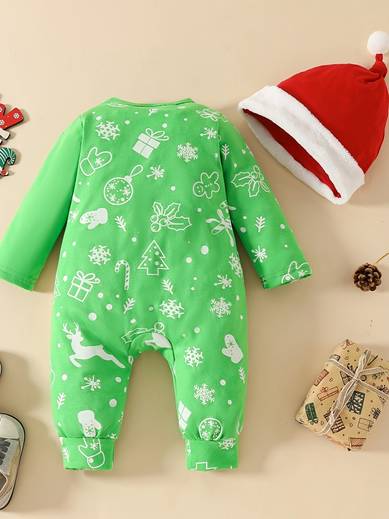 2pcs Baby Deep Red Christmas Cute Deer Print Gift Long Sleeve Bodysuit + Furry Hat 0-1 Years Old Girls Christmas Costume Clothes Behind Winter Snowflake Print Love Gifts From Mom Dad For Kids, Suitable For Indoor And Outdoor Wear
