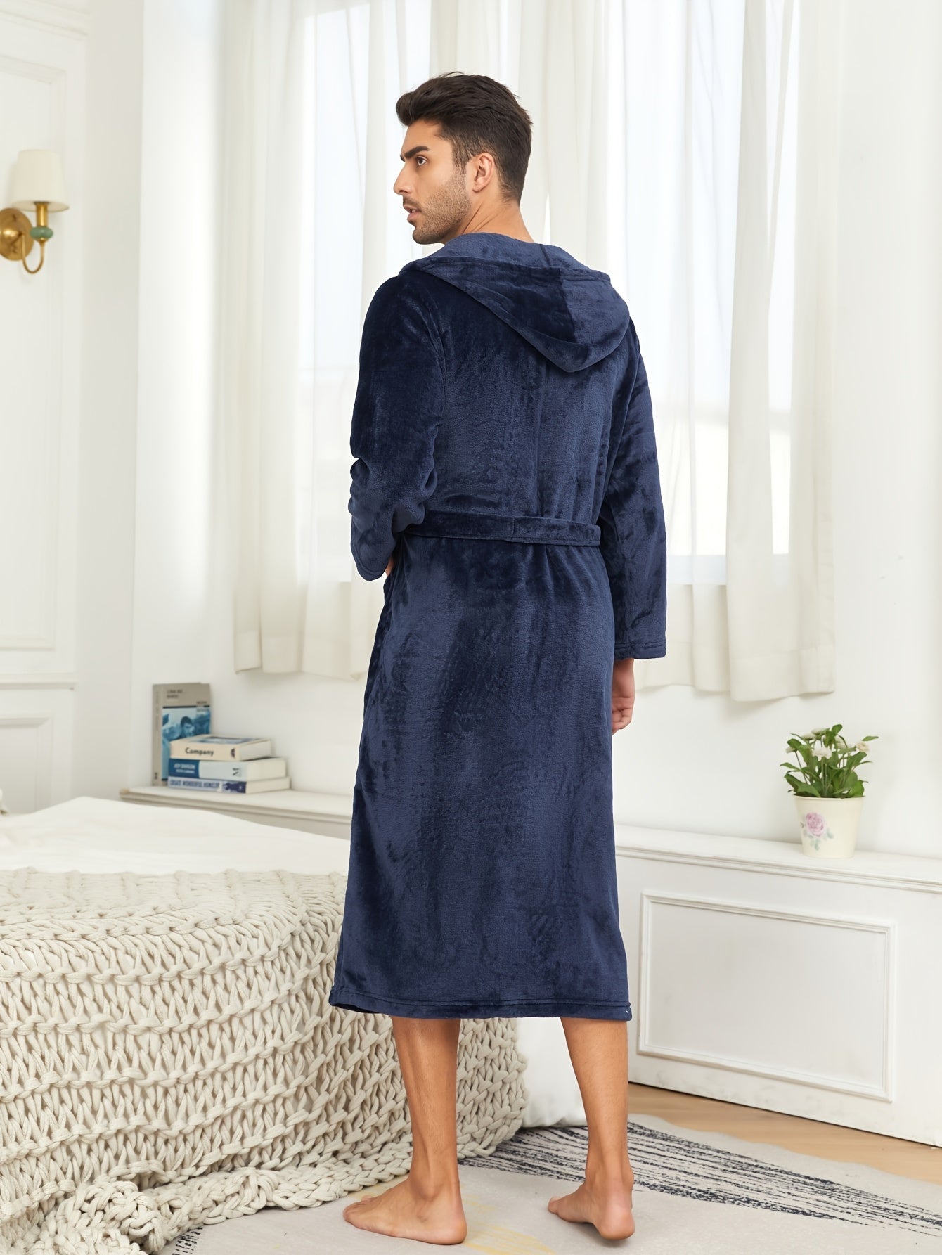 Mens Premium Flannel Bathrobe - Super Cozy Winter Wear, Hooded, Solid Color, Soft Fleece Lining, Double Pockets for Lounging Comfort