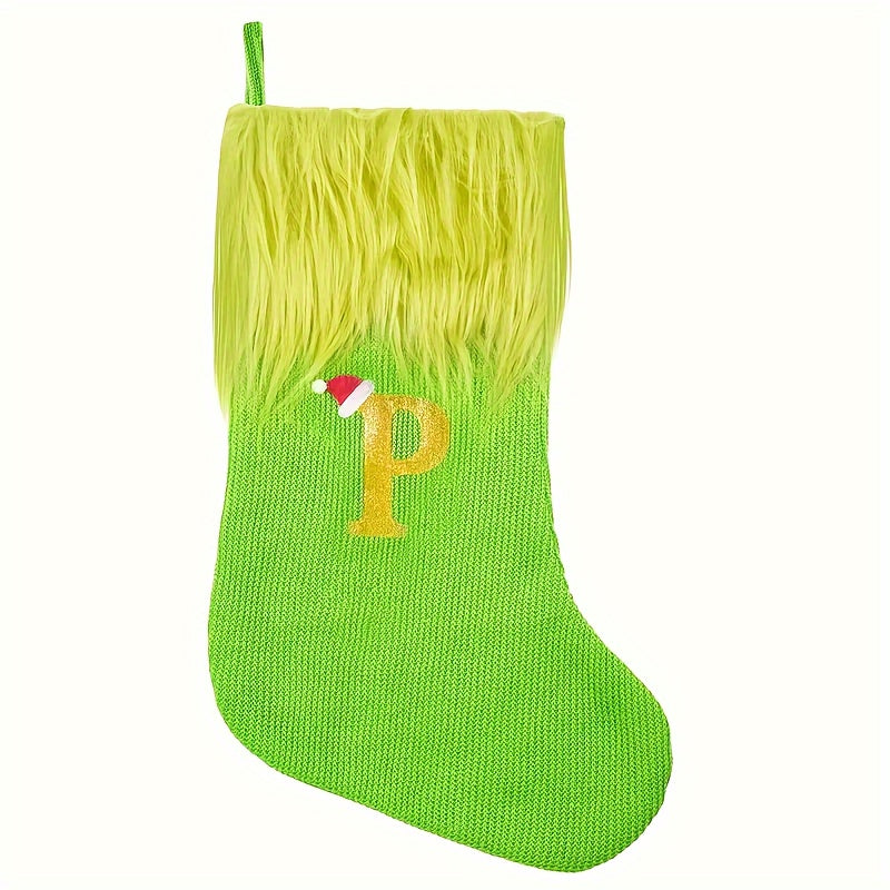 Green Faux Fur Christmas Stockings with Embroidered Letters, 18-inch Festive Holiday Decor, for Home & Party, Polyester, Christmas Decor