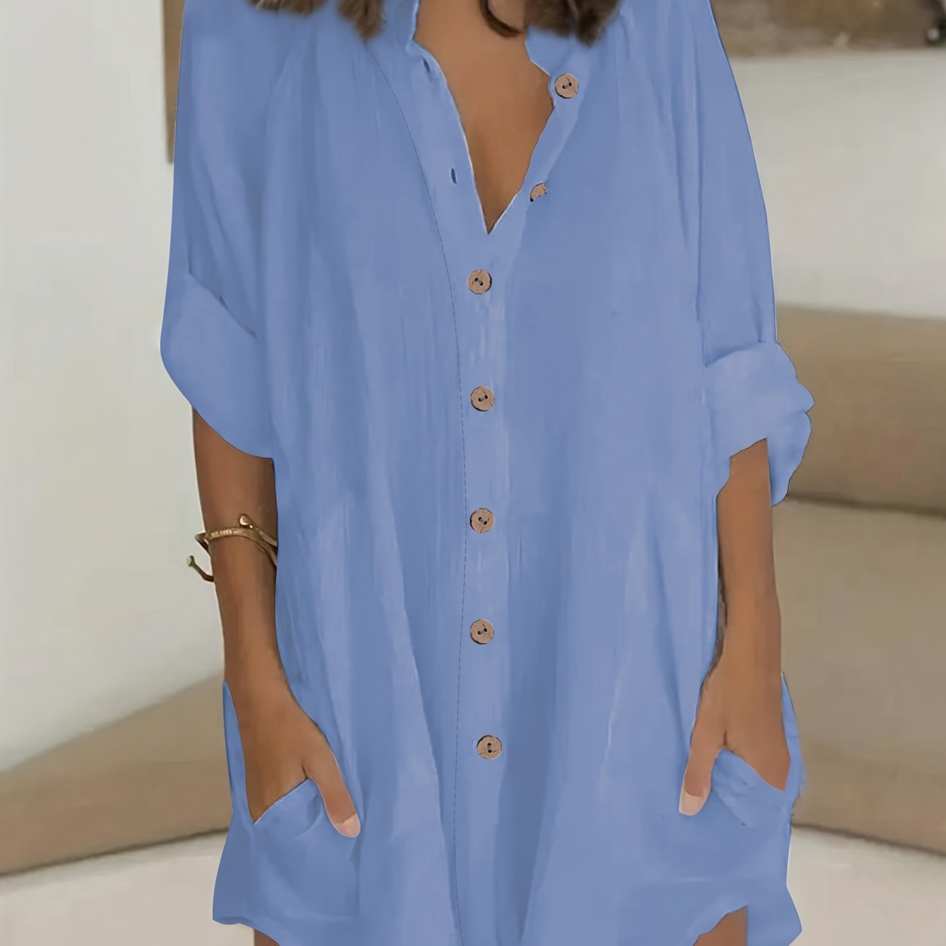 ZllKl Plus Size Simple Solid Shirt, Casual Button Front Long Sleeve Shirt, Women's Plus Size Clothing