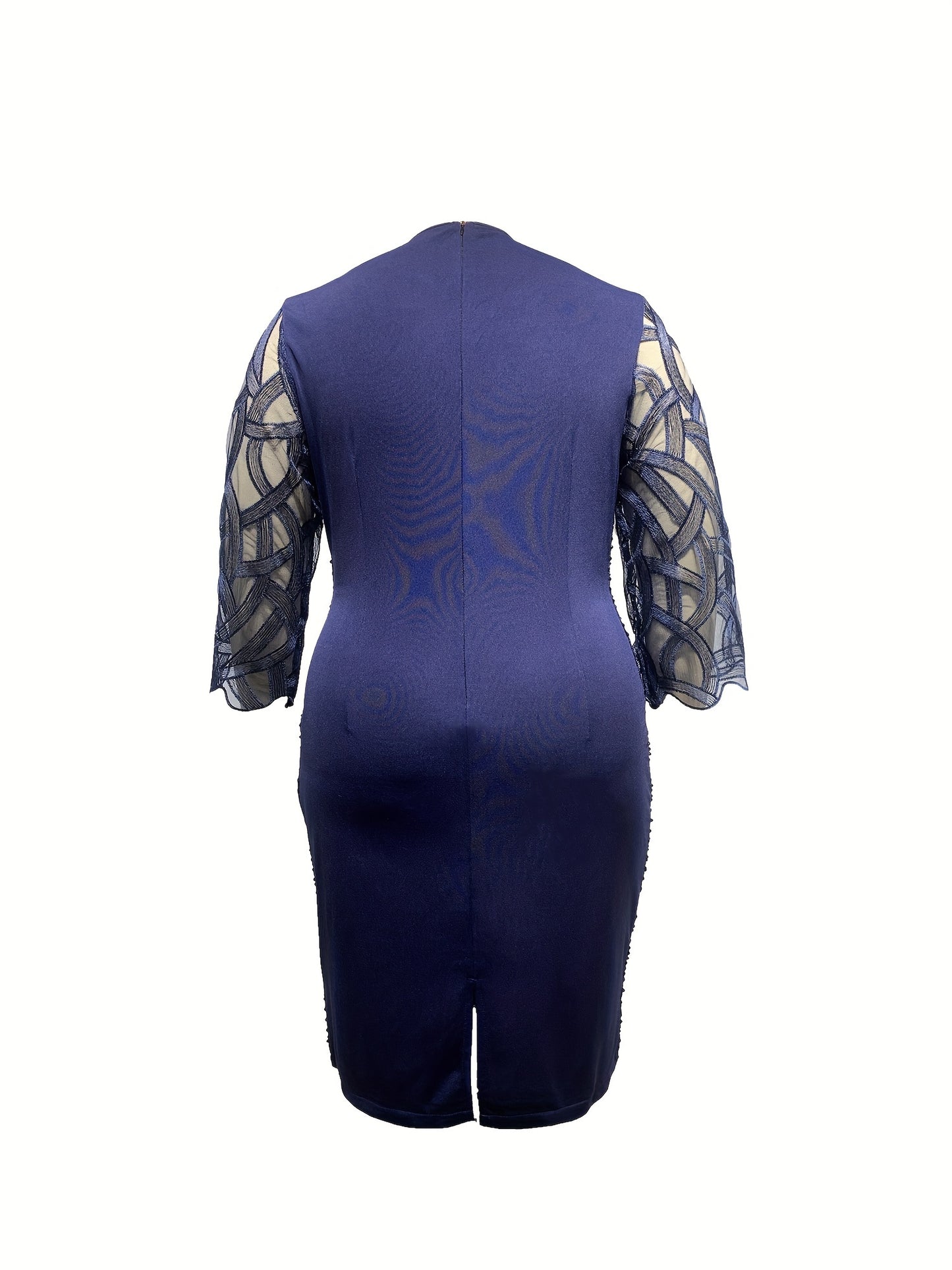 Plus Size Midi Fitted Bodycon Dress - Elegant Crew Neck, Three Quarter Sleeve, Slight Stretch, Contrast Sequin Stitching, Solid Color, Polyester, Hand Wash, Spring/Summer, Mature Occasion