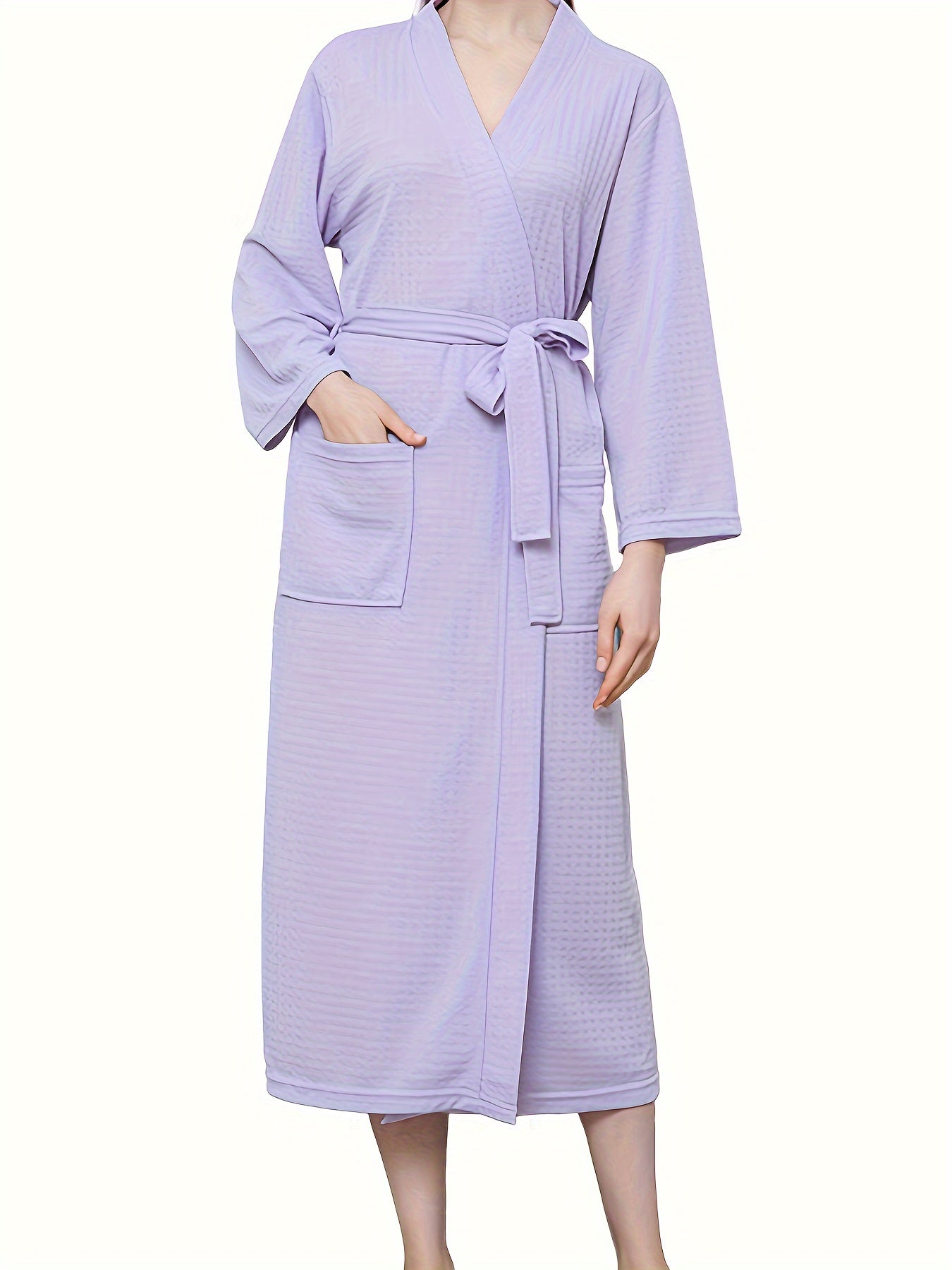 Men's Waffle Bathrobe Japanese Kimono Robe, Vacation Style Comfortable Sleepwear Elegant Style Bathrobe With Belt Spa Home Wears