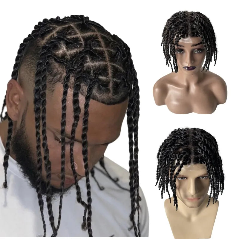 European Virgin Human Hair Pieces 200% Density 1b# Black Twist Braids Knots Skin PU Toupee for Black Men