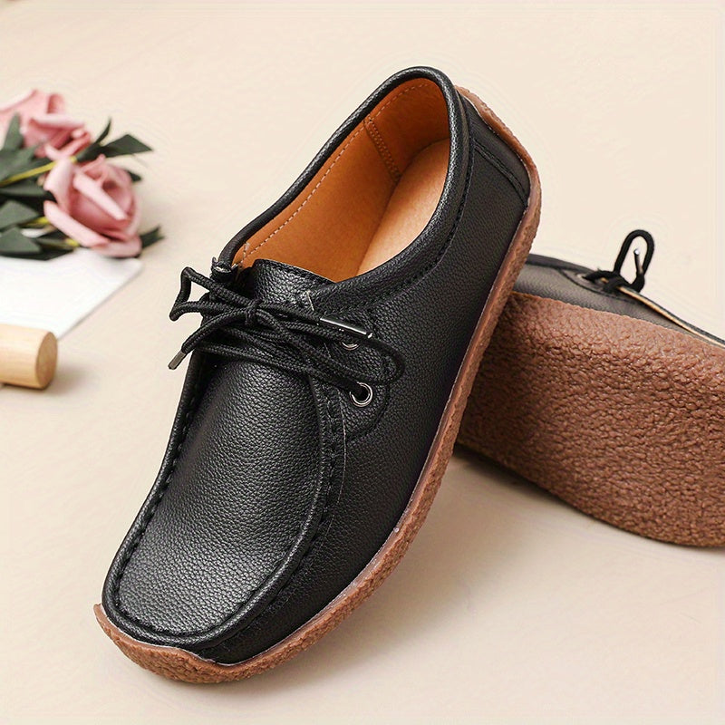 Womens Solid Color Microfiber Synthetic Leather Oxfords - Wear-Resistant, Lightweight, Breathable, Low-Top Lace-Up Flats with Plain Toe - Perfect for Casual, All-Season Wear