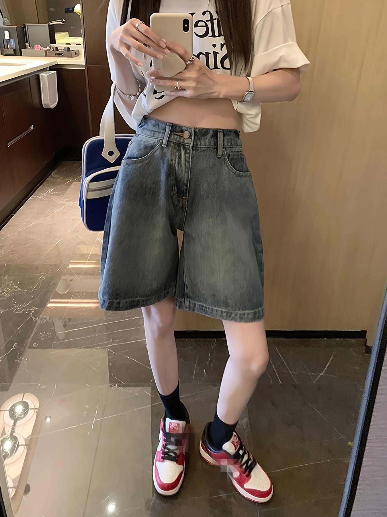 ZllKl High Rise Plain Washed Denim Shorts, Slash Pocket Cuffed Loose Fit Denim Jorts, Women's Denim Jeans & Clothing