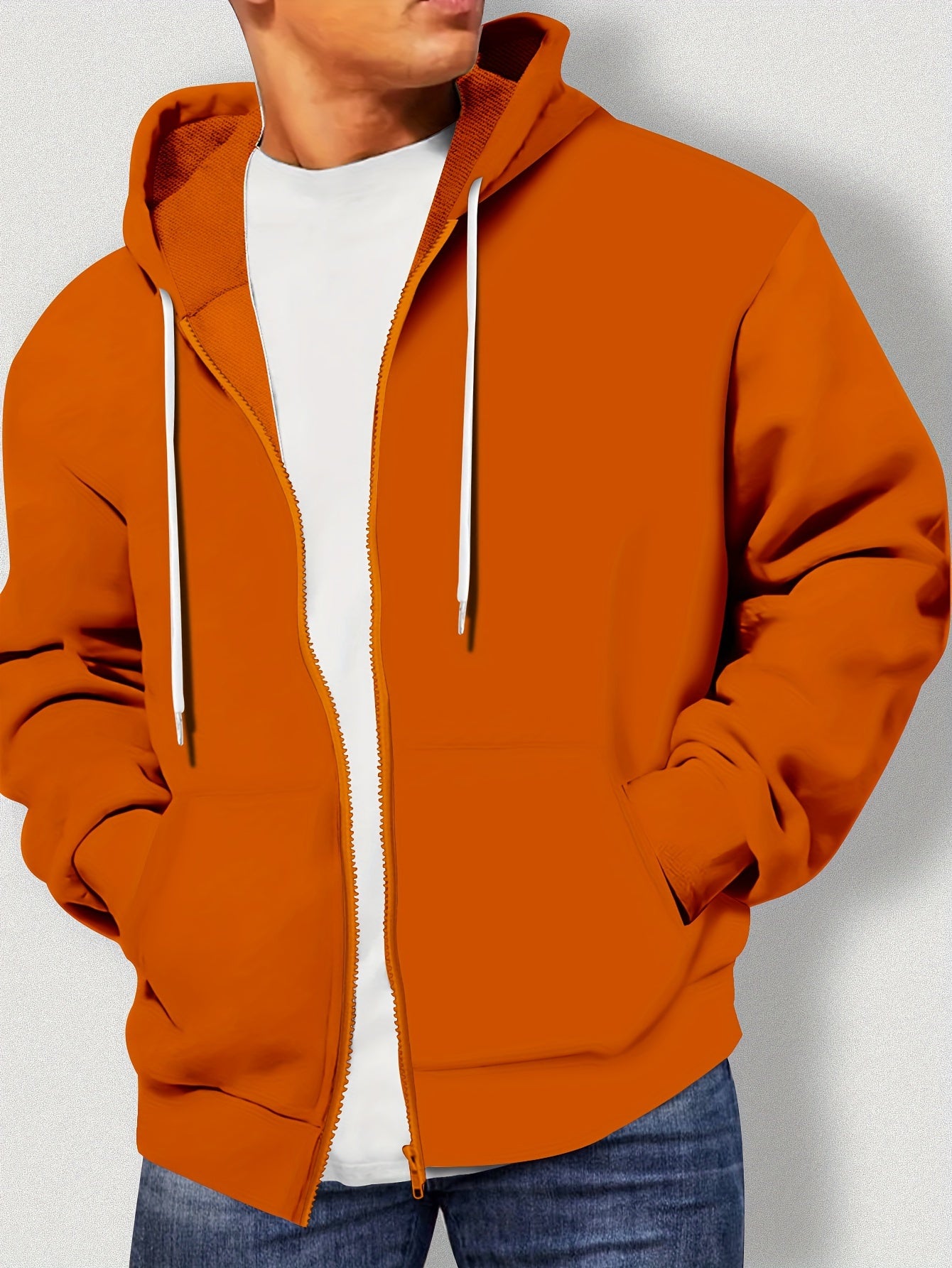 100% Polyester Plus Size Solid Color Zip-Up Hoodie for Men - Preppy Sports Style with Hood, Non-Stretch Drawstring Detail, Regular Fit for Spring/Fall Activities