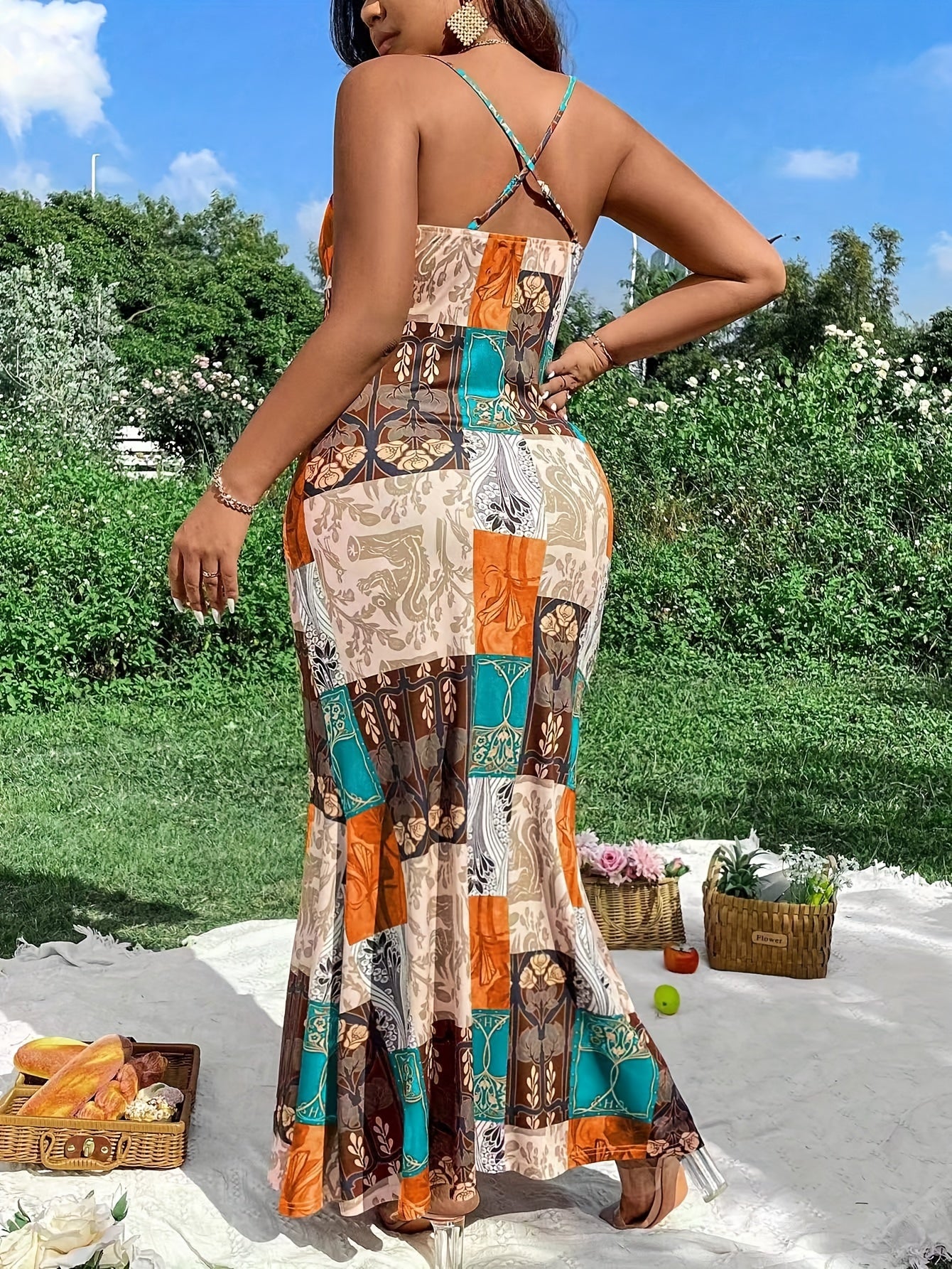 Plus Size Midi Length V Neck Spaghetti Strap Patterned Cami Dress - Elegant Vacation Style Backless Criss Cross Mermaid Hem Design, Non-Stretch Polyester Fabric, Perfect for Weekend Casual Spring and Summer Occasions