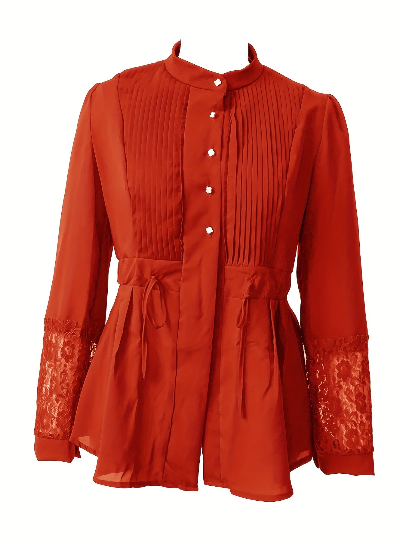 Elegant Lace Blouse - Long Sleeve, Mock Neck, Pleated Contrast Design, Women's Clothing for Chic Style