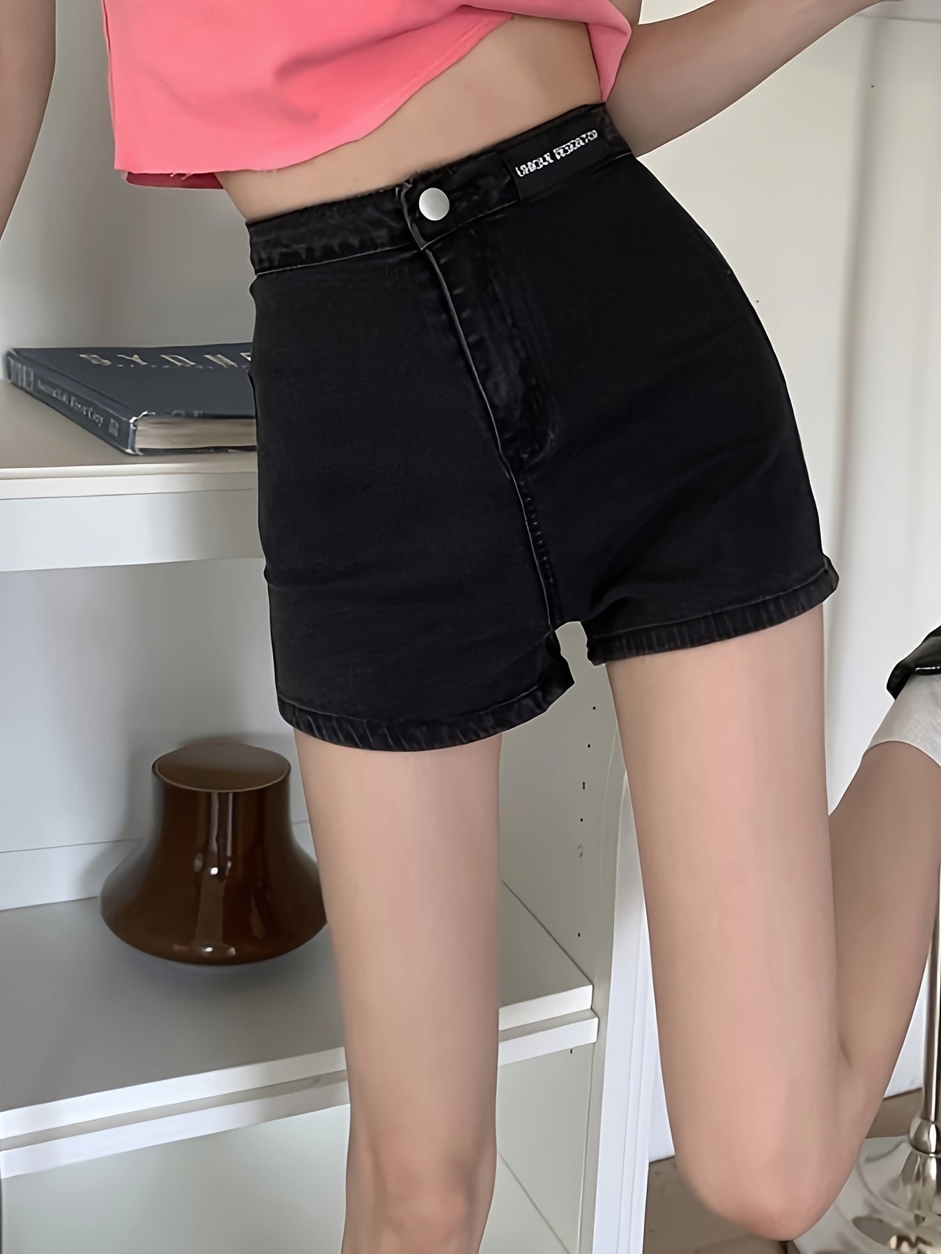 ZllKl High Waist Denim Shorts For Women, Slim Fit, Stretchy Shorts, Casual Style, Plain Black Color Jean Shorts