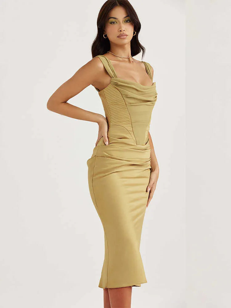 Offer Shoulder Elegant Draped Neck Satin Midi Dress Prom Cocktail Party Dresses For Women Wedding Guest Vestidos