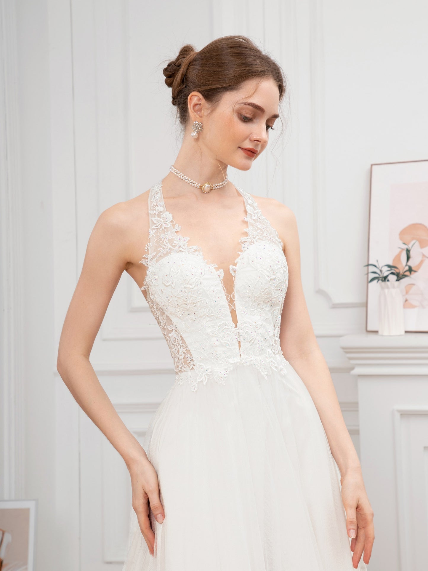 Long Embroidered Guipure Lace Halter Neck Formal Dress - Elegant Backless Ball Gown with Cross Strape Detail, Semi-Sheer Mesh Fabric, Flared Hem, and Chest Pad - Perfect for Wedding Party, Hand Wash Only