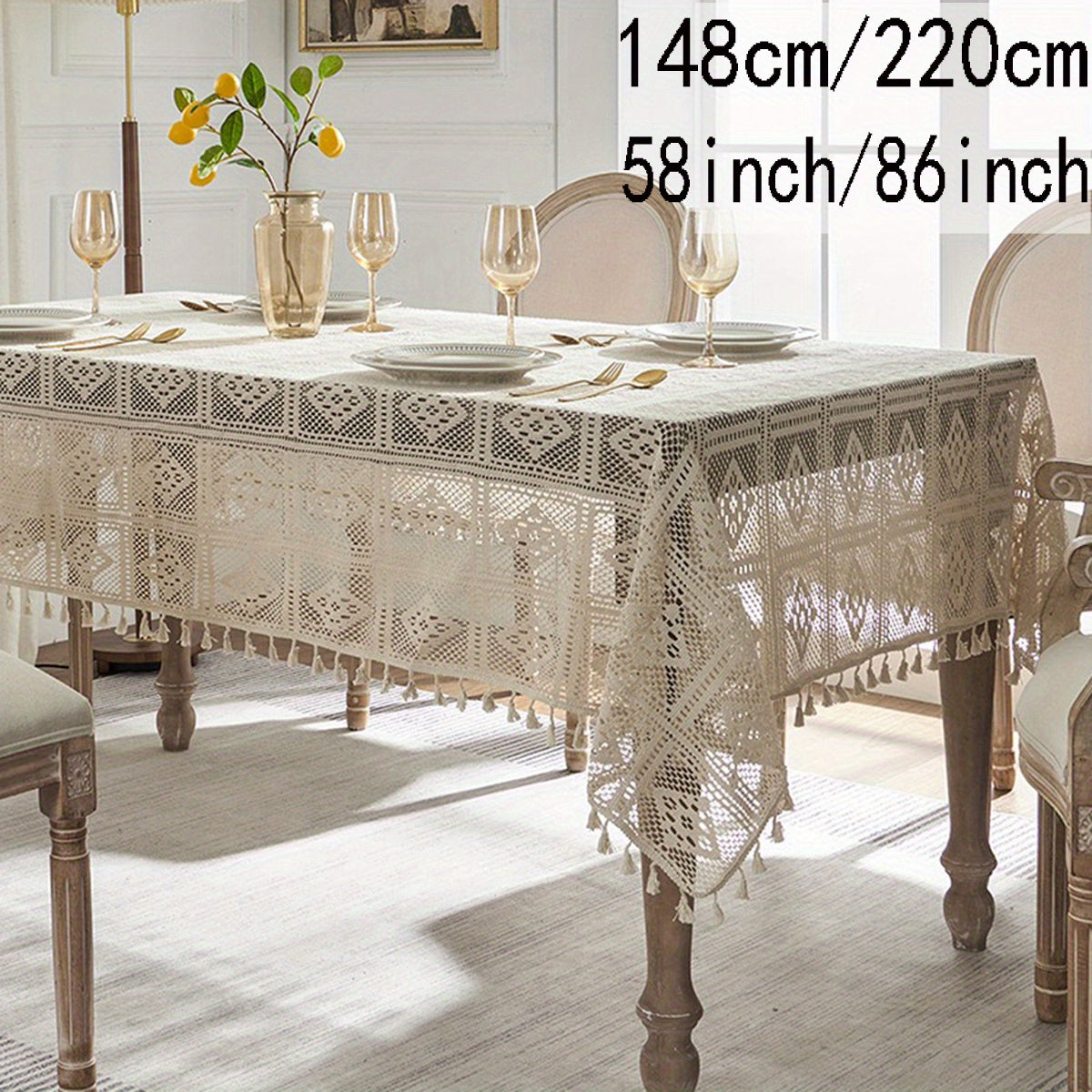 1pc Beige Linen Cotton Blend Crochet Tablecloth with Tassel - Tablecloths - Rustic American Pastoral Style Decor for Picnic, Holiday Party, and Home - Easy Care and Durable