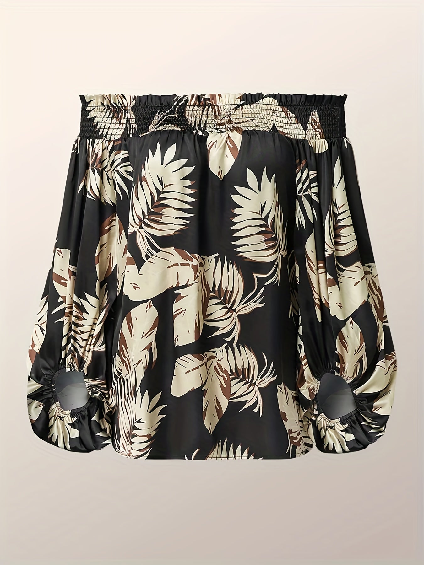 Plus Size Tropical Print Blouse - Relaxed Fit, Shirred Details, Off Shoulder, Lantern Sleeves - Perfect for Plus Size Women, Everyday Wear, Summer Outings, and Tropical Getaways