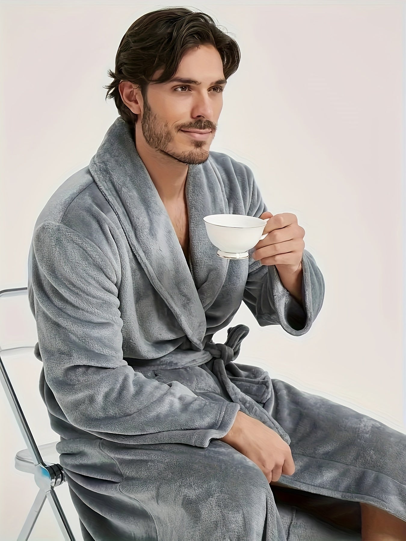 Super- Stylish Men's Flannel V-neck Loose Robe, Soft Fleece Elegant Long Sleeve Lounge Wear, For Autumn/Winter