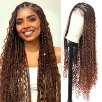 Synthetic Wigs Viyskur 36 Full Double Lace Front Triangle Knotless Box Braided Wigs With Boho Curls Ends Box Braids Wig With Baby Hair 240329