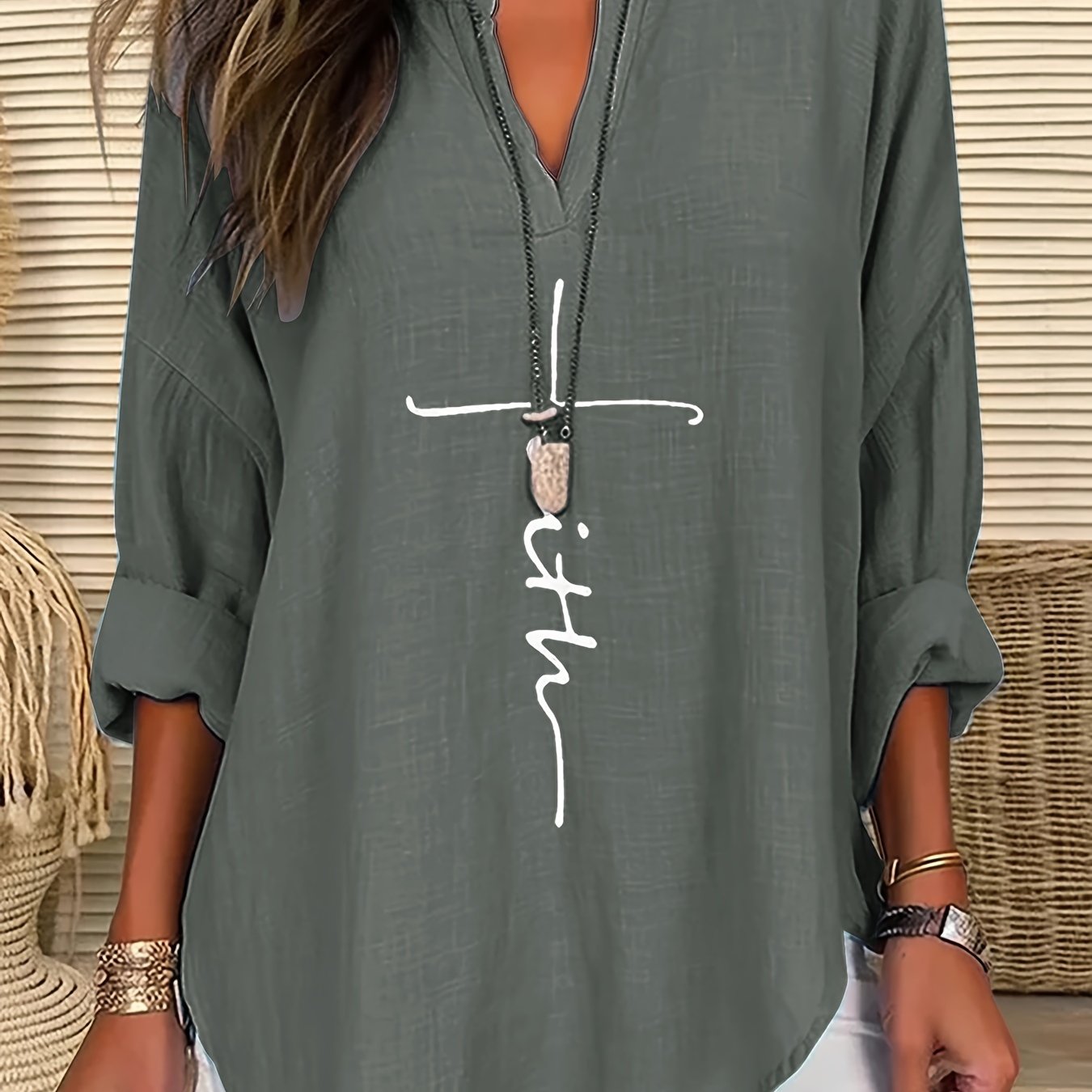 ZllKl Letter Print Notch Neck Blouse, Casual Long Sleeve Blouse For Spring & Fall, Women's Clothing