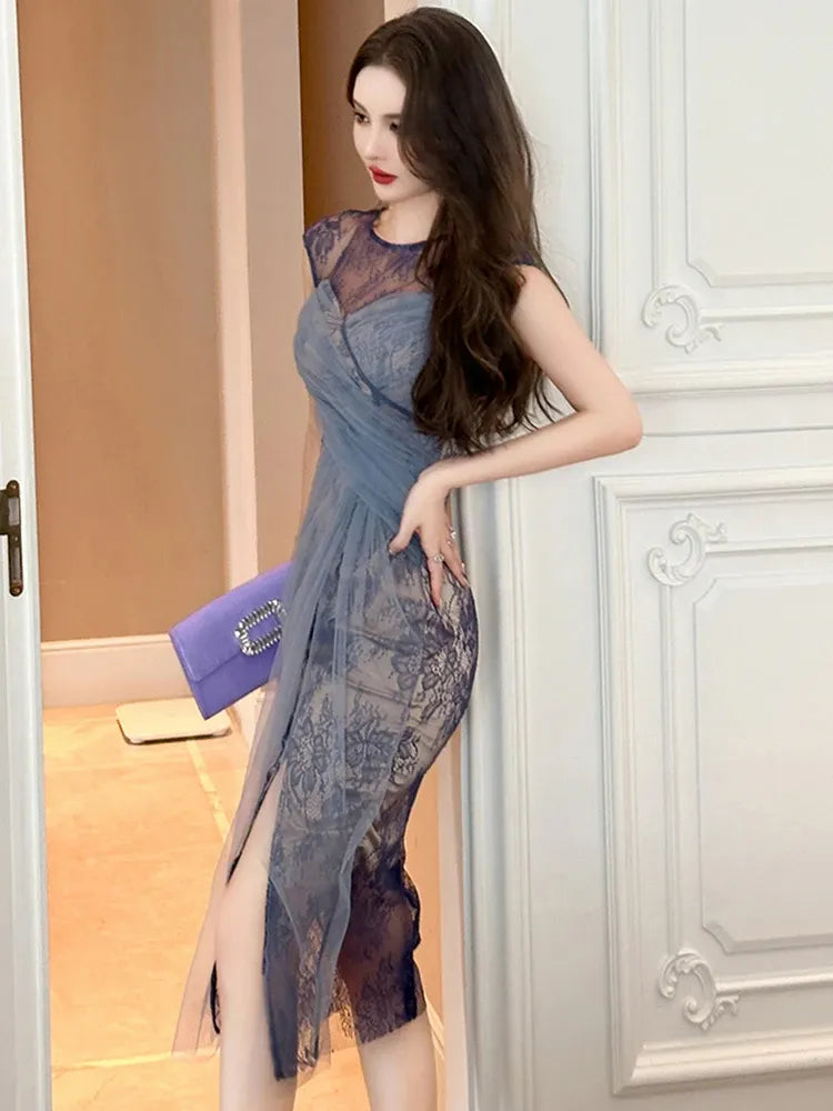 Basic Casual Dresses Women Fashion French Retro Maxi Dress Woman Sheer Mesh Lace Embroidery Skinny Robe Party Vestidos Prom Banquet Gown Femme