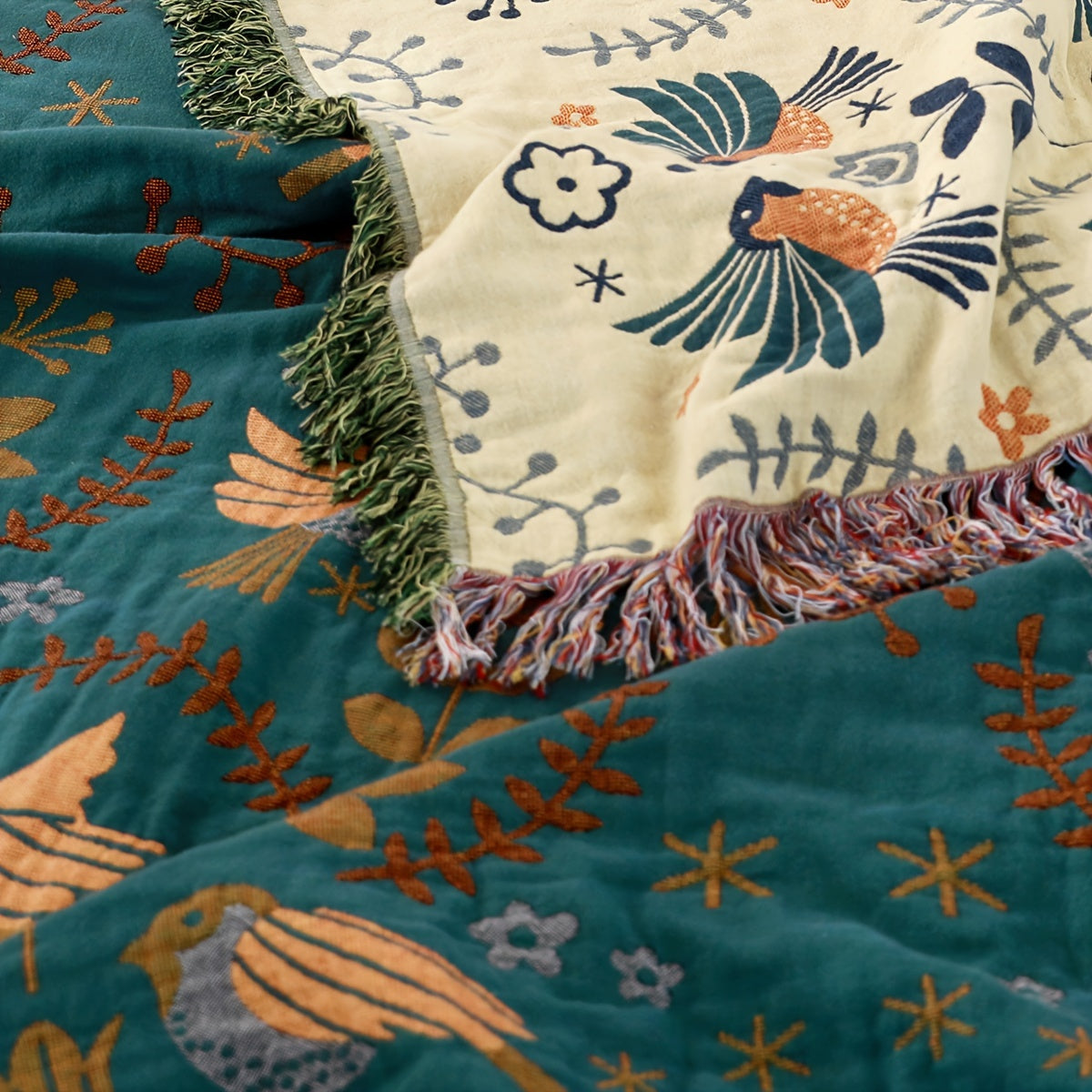 1pc Vibrant Bohemian Chic Cotton Gauze Throw Blanket - Soft, Lightweight, Spring-Inspired Bird and Leaf Pattern, Multi-Purpose Sofa Cover, Bedspread, Farmhouse Decor Couch Throw Blanket with Seasonal Accent
