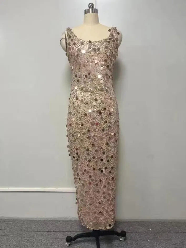 Casual Dresses Sleeveless U-neck Maxi Dress Elegance Sprinkled with Gold High-waisted