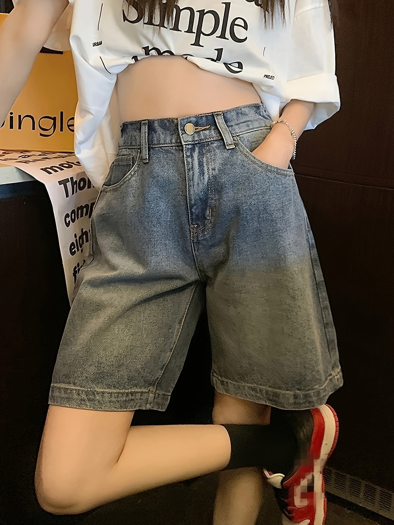 ZllKl High Rise Plain Washed Denim Shorts, Slash Pocket Cuffed Loose Fit Denim Jorts, Women's Denim Jeans & Clothing