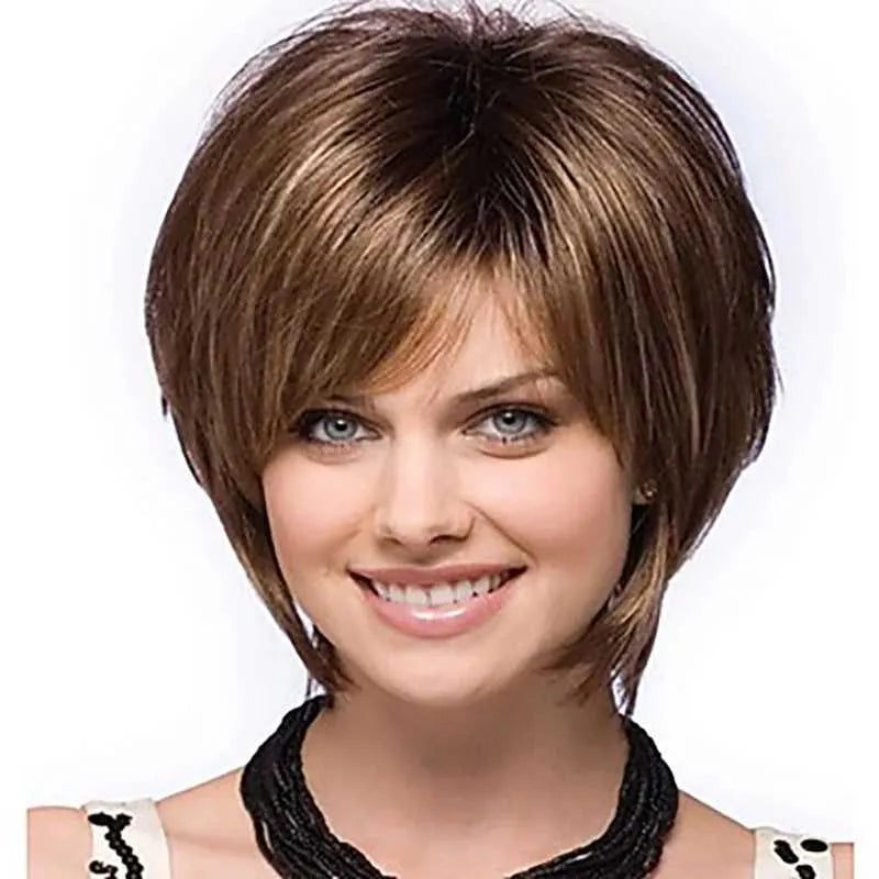 Synthetic Wigs Cosplay Wigs HAIRJOY Women Straight Bangs Style Pixie Cut Synthetic Hair Wig Brown Mixed Short Wigs Machine Made 240329
