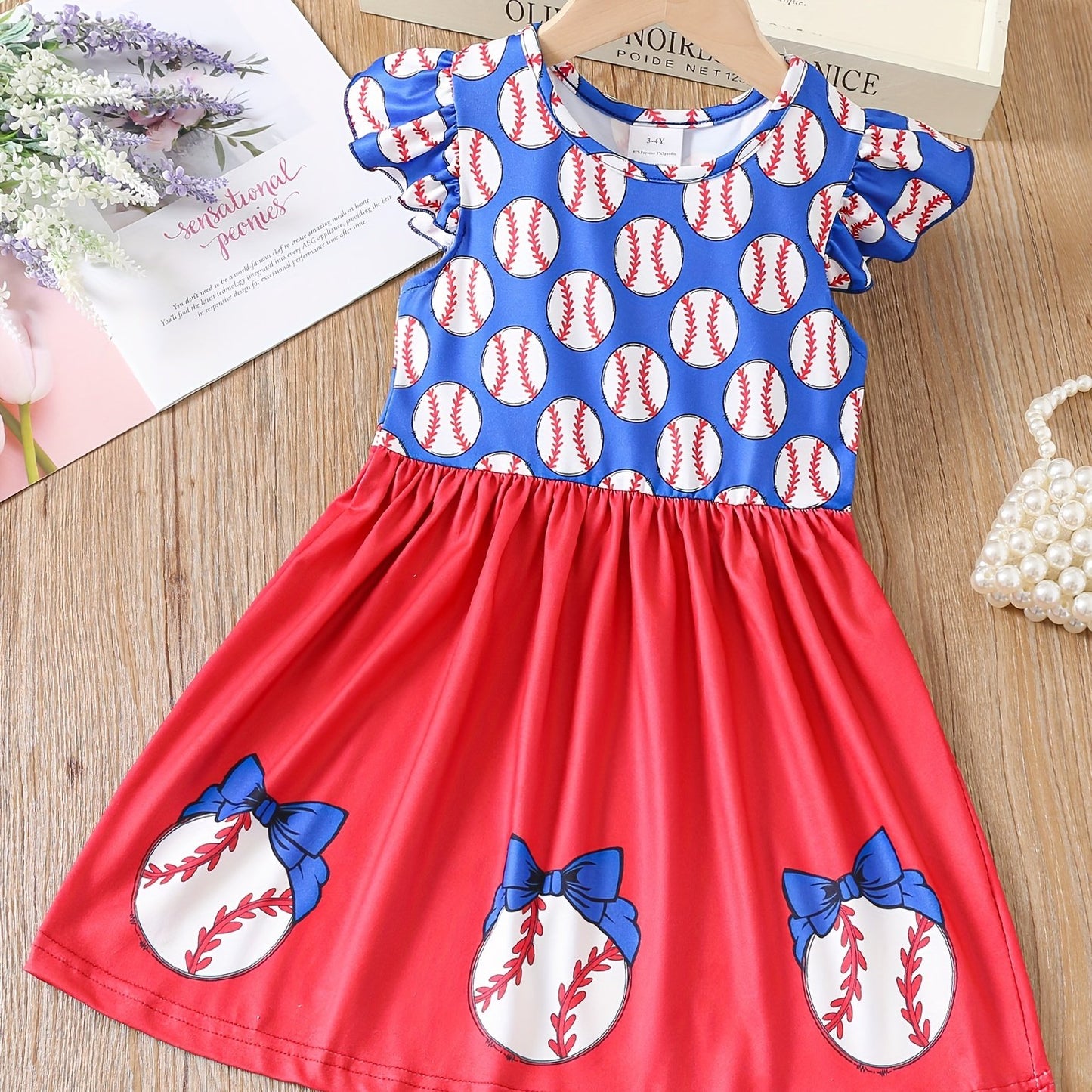 Summer-Fun Baseball Graphic Dress for Girls - High-Stretch, Fit & Flare, Durable & Comfortable