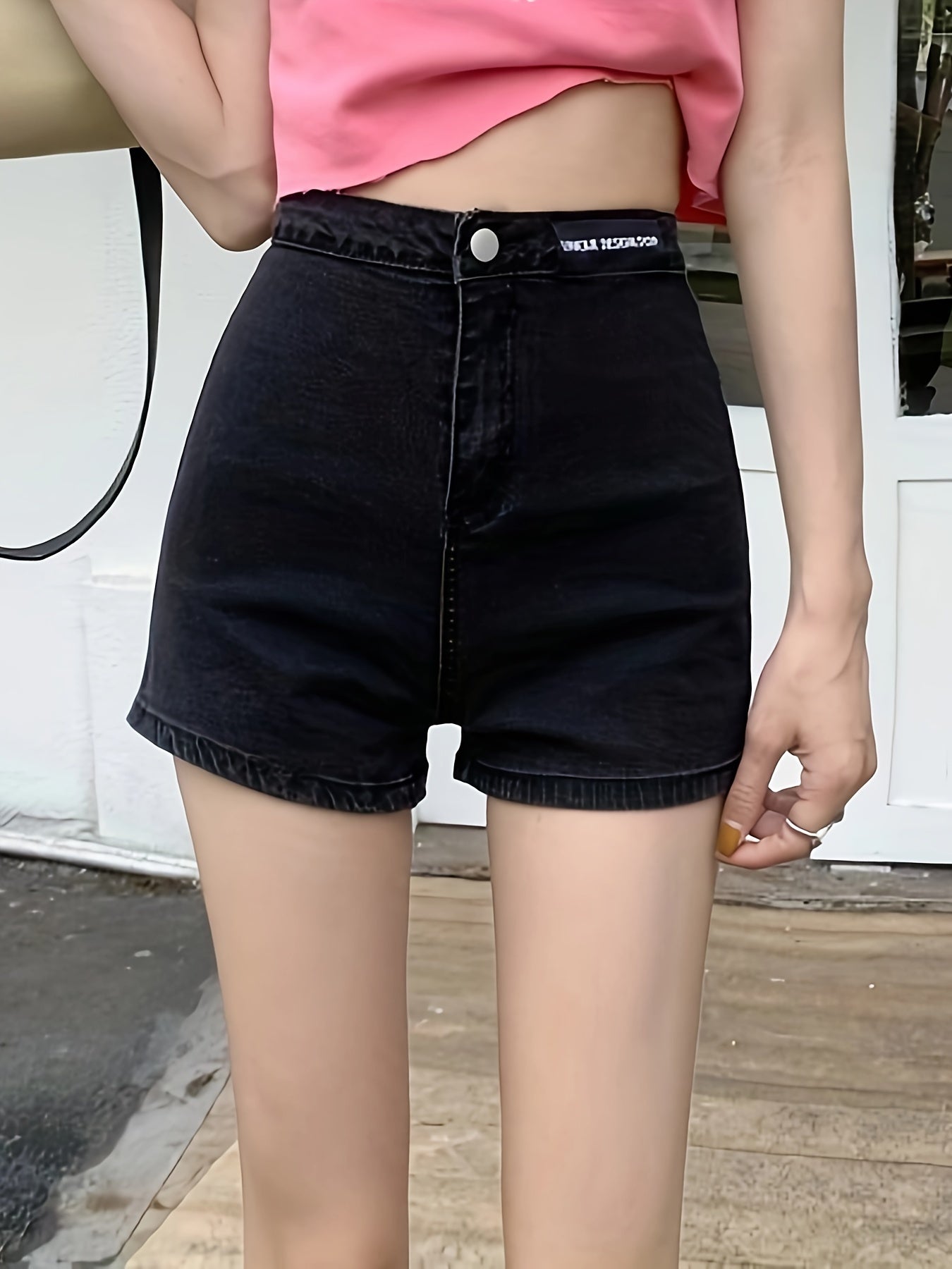 ZllKl High Waist Denim Shorts For Women, Slim Fit, Stretchy Shorts, Casual Style, Plain Black Color Jean Shorts