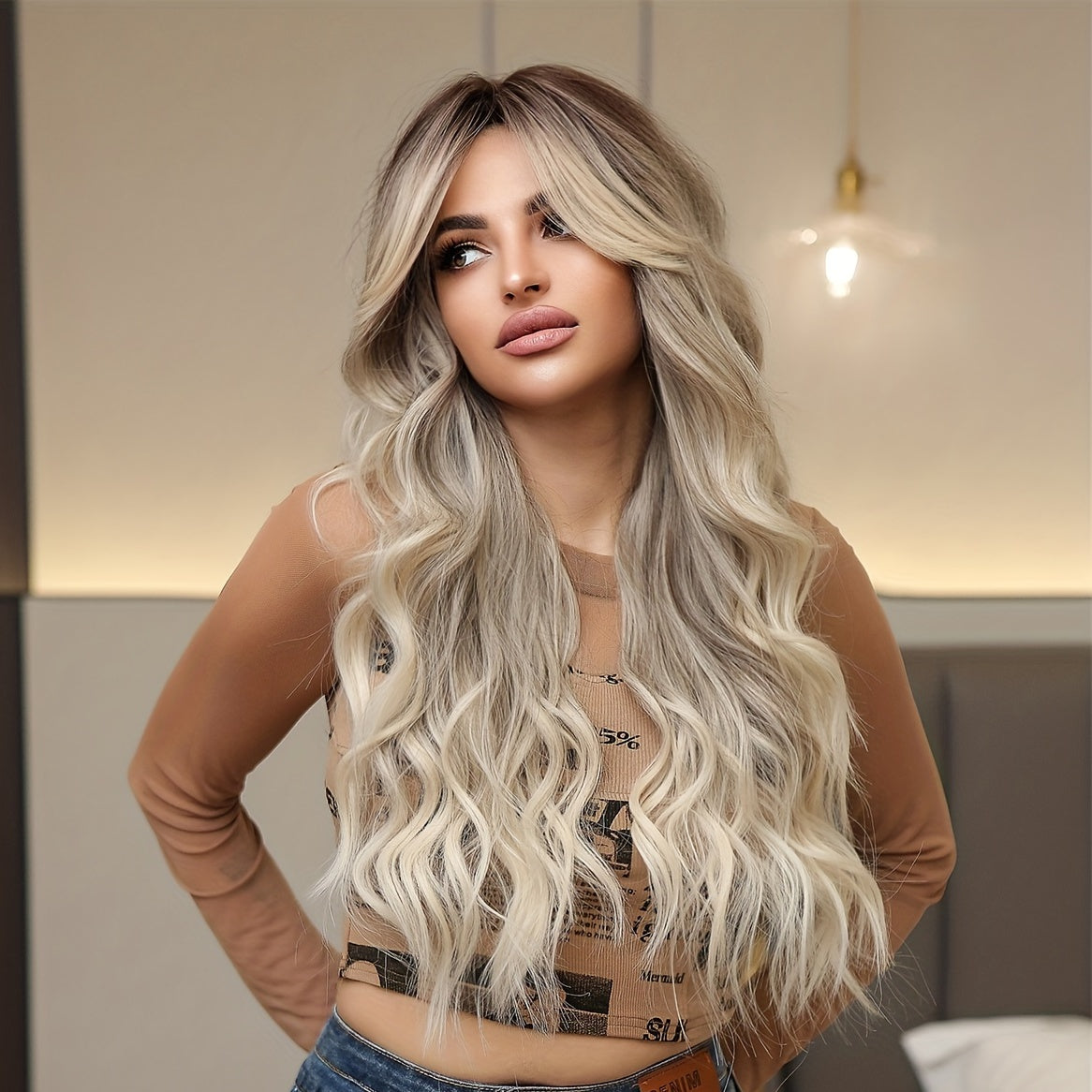 26 Inch Gradient Butterfly Wig - Fashionable Long Curly/Wavy Hair, Middle Part Synthetic Fiber Design - Layered & Realistic for Women