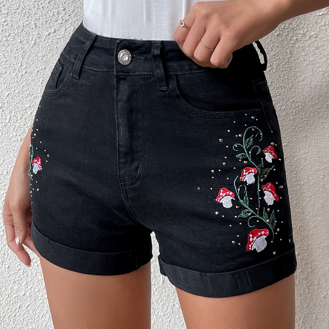 ZllKl Mushroom Plant Embroidery Cute Denim Shorts, Roll Up Hem Slash Pocket Denim Shorts, Women's Denim Jeans & Clothing