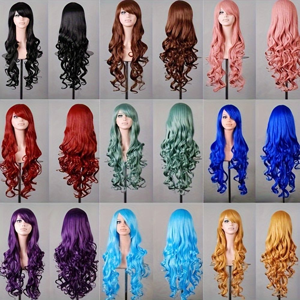 Vibrant Curly Wave Wig with Bangs - Synthetic Hair, Buckle Net Cap, Elegant Style for Women - Perfect for Halloween Party, Music Festival, and Costume Occasions