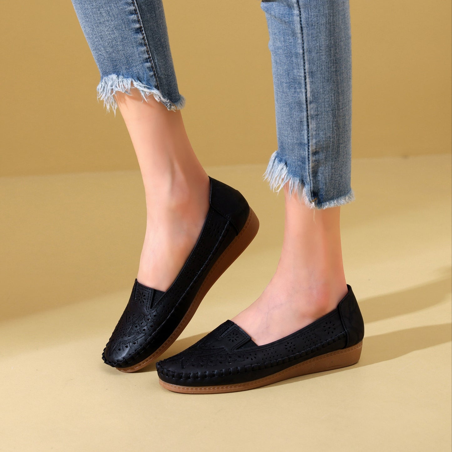 Comfortable Round Toe Breathable Wedge Shoes - Soft Fabric Insole, TPR Sole, Synthetic Leather Upper, Slip-on Design for Walking, Daily Casual Wear