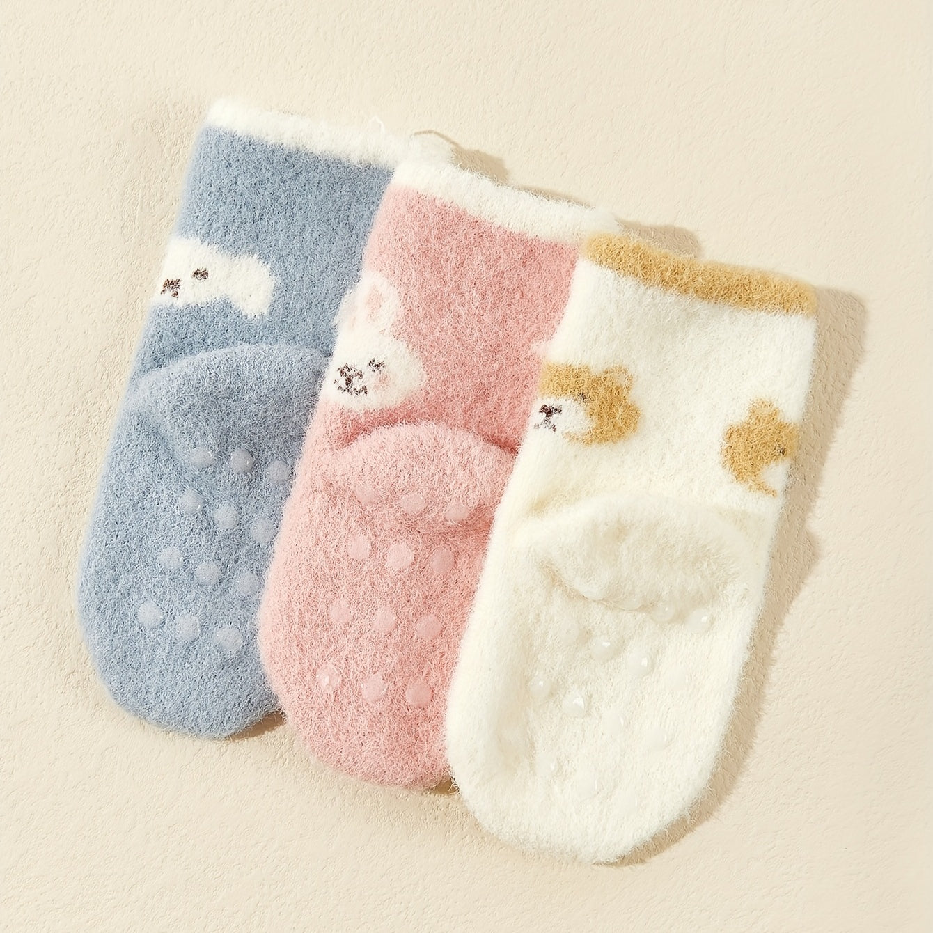 3pairs Baby Girls Cute Cartoon Rabbit Bear Dog Plush Non-slip Floor Socks Soft Comfortable Thermal Breathable Socks For Autumn And Winter