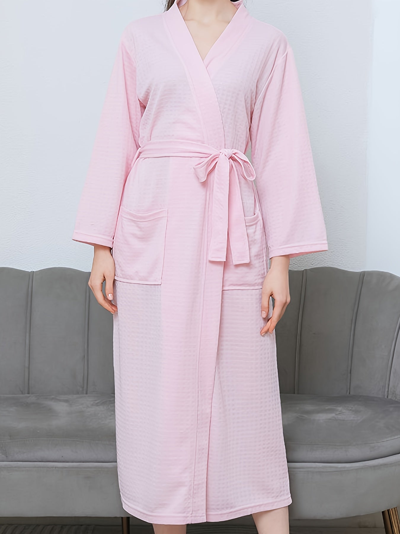 Men's Waffle Bathrobe Japanese Kimono Robe, Vacation Style Comfortable Sleepwear Elegant Style Bathrobe With Belt Spa Home Wears
